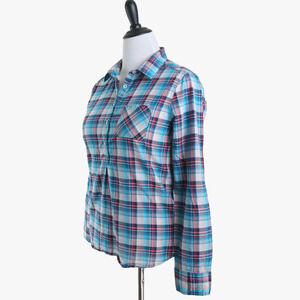 Prana Size M Organic Cotton Popover Shirt Plaid Teal Red White